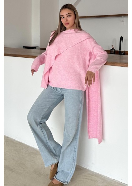 Kendinden Atkılı Triko Kazak Pembe 8266