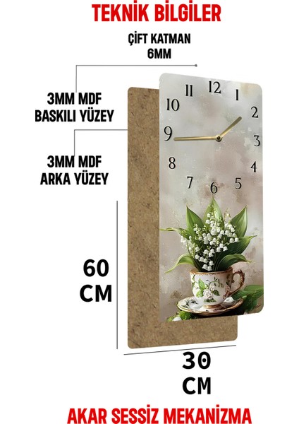 Çiçek Desenli Fincan Tasarımlı Uv Baskı Mdf Tablo Saat 30X60 cm – USD196