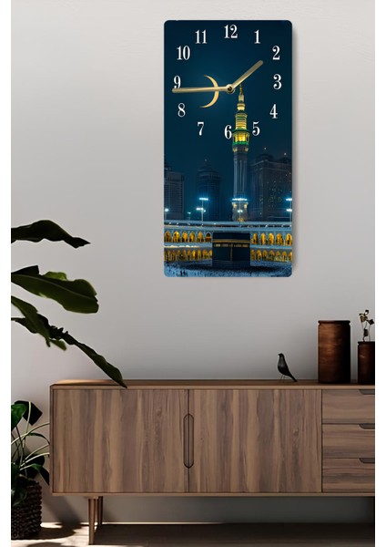 Kâbe ve Hilal Manzaralı Uv Baskı Mdf Tablo Saat 30X60 cm – USD190 fiyatları