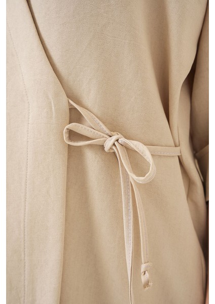 Kadın Bdart Büyük Boy V Yaka Bağcıklı Kimono Pantolon Takımı Bej Doğal
