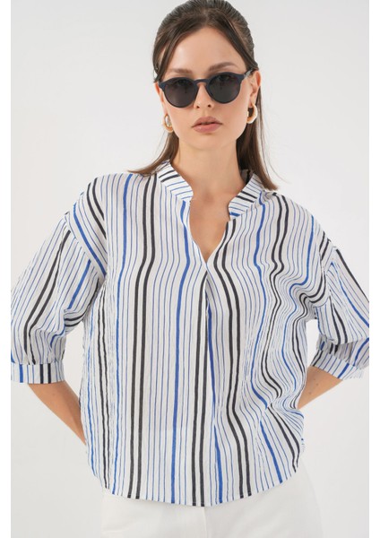 Kadın BDART Çizgili V Yaka Bluz Blue
