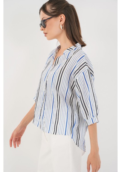 Kadın BDART Çizgili V Yaka Bluz Blue modelleri