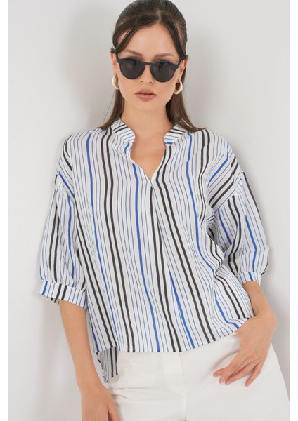 Kadın BDART Çizgili V Yaka Bluz Blue fırsatları