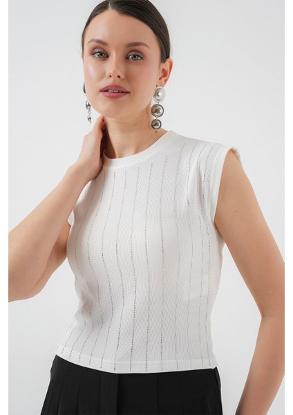 Kadın BDART Yuvarlak Yakalı Slim Fit Ribana Dokulu Bluz White