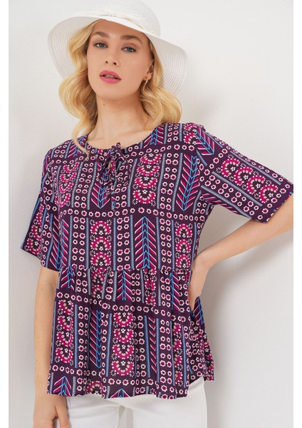 Kadın BDART Baskılı Yuvarlak Yakalı Lastikli Bluz Red