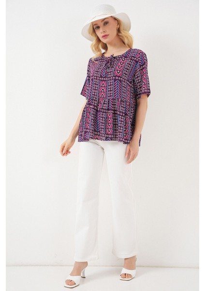 Kadın BDART Baskılı Yuvarlak Yakalı Lastikli Bluz Red fiyatları