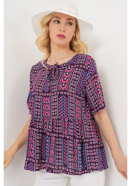 Kadın BDART Baskılı Yuvarlak Yakalı Lastikli Bluz Red modelleri