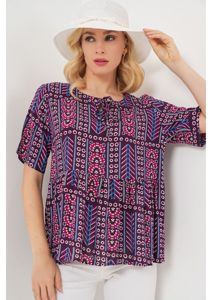 Kadın BDART Baskılı Yuvarlak Yakalı Lastikli Bluz Red fırsatları