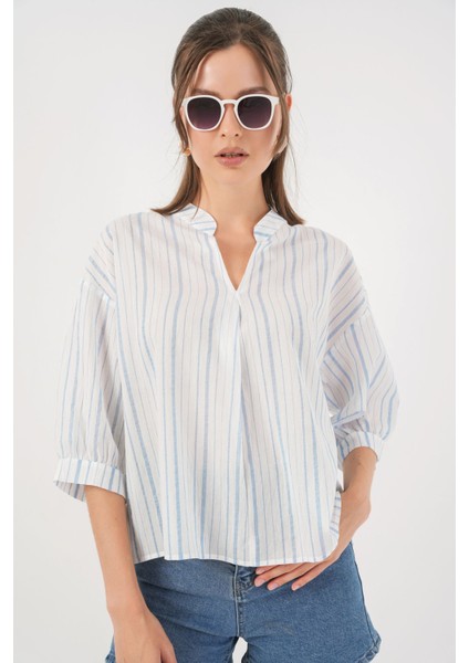 Kadın Bdart Bağlama Detaylı Çizgili V Yaka Bluz Buz Mavisi