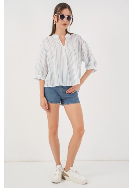 Kadın Bdart Bağlama Detaylı Çizgili V Yaka Bluz Buz Mavisi fiyatları