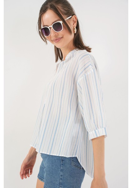Kadın Bdart Bağlama Detaylı Çizgili V Yaka Bluz Buz Mavisi modelleri
