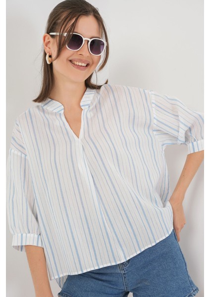 Kadın Bdart Bağlama Detaylı Çizgili V Yaka Bluz Buz Mavisi fırsatları