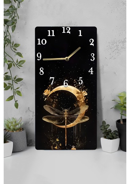 30X60 cm Uv Baskılı Mdf Tablo Saat – Altın Yansımalı Ejderha Böceği Deseni – USD184