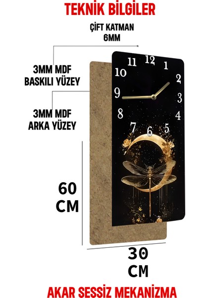 30X60 cm Uv Baskılı Mdf Tablo Saat – Altın Yansımalı Ejderha Böceği Deseni – USD184