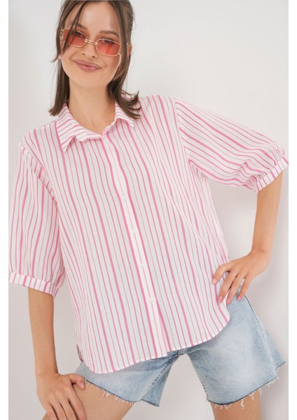 Kadın Bdart Üç Çeyrek Kollu Çizgili Poplin Gömlek Toz Pembe