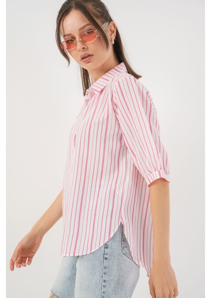 Kadın Bdart Üç Çeyrek Kollu Çizgili Poplin Gömlek Toz Pembe modelleri