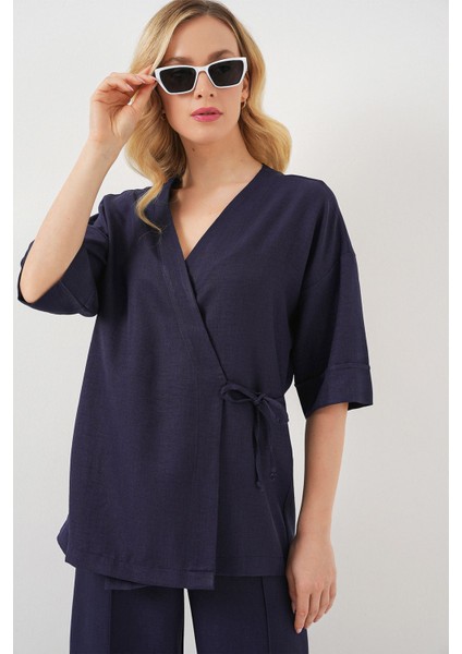 Kadın Bdart Büyük Boy V Yaka Bağcıklı Kimono Pantolon Takımı Lacivert fiyatları