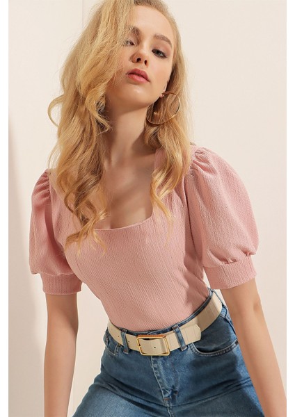 Kadın BDART Slim Fit Kare Yaka Bluz Pink