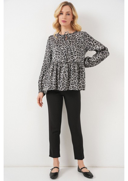 Kadın BDART Baskılı Sifon Uzun Kollu Bağlama Detaylı Bluz Grey fiyatları