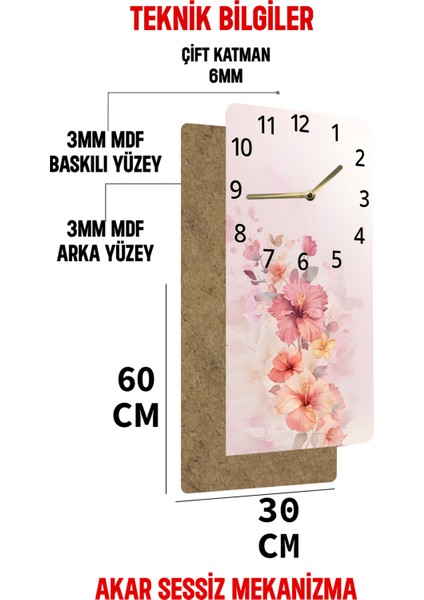 Mdf Tablo Saat – Pembe Çiçekli Zarif Tasarım (30X60 Cm) Uv Baskı – USD205