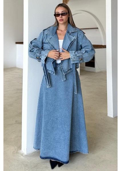 Kuşak Detaylı Crop Denim Ceket Mavi 8277 fiyatları