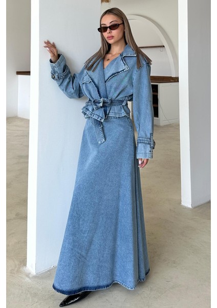 Kuşak Detaylı Crop Denim Ceket Mavi 8277 fırsatları