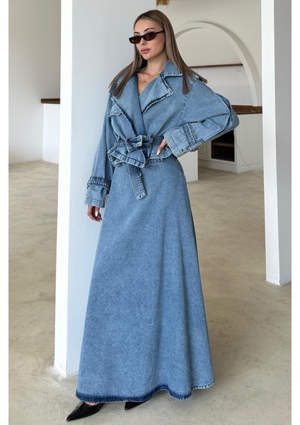 Kuşak Detaylı Crop Denim Ceket Mavi 8277 indirimleri