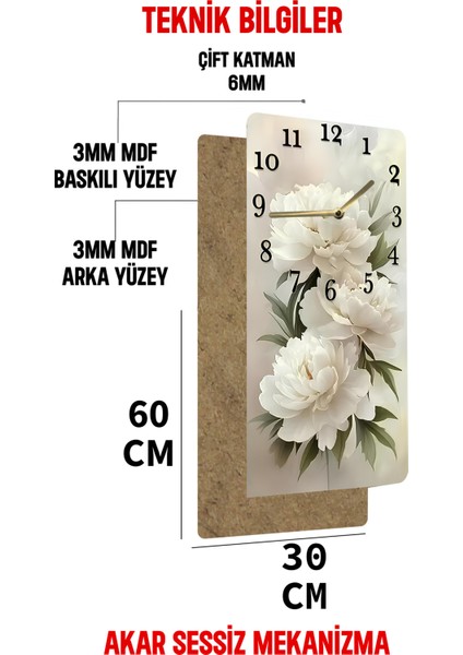 Mdf Tablo Saat – Beyaz Çiçek Desenli 🌸 | Uv Baskı | 30X60 cm – USD195
