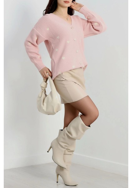 Pembe Renk Nakışlı Balon Kol Triko Hırka