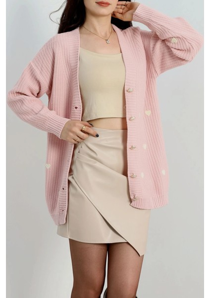 Pembe Renk Nakışlı Balon Kol Triko Hırka fiyatları