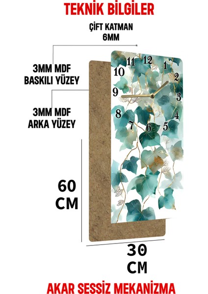 Yeşil Yaprak Desenli Mdf Tablo Saat – Uv Baskı – 30X60 cm – USD209