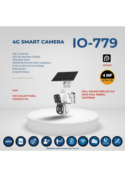 IO-779 | 4mp Ultra Hd 4g Solar Çift Kamera 12W Güneş Panelli (12000MAH Pil) fiyatları