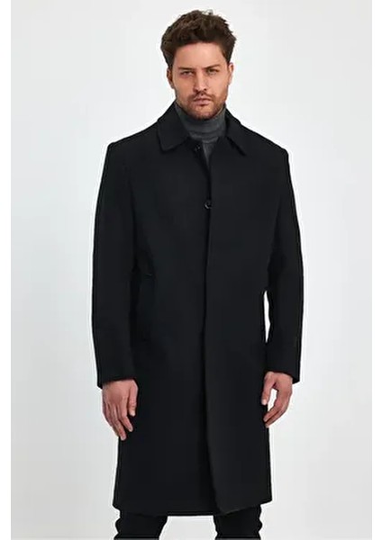 Erkek Siyah Kaşe Kaban Uzun Regular Fit Gömlek Yaka Astarlı Günlük Stil