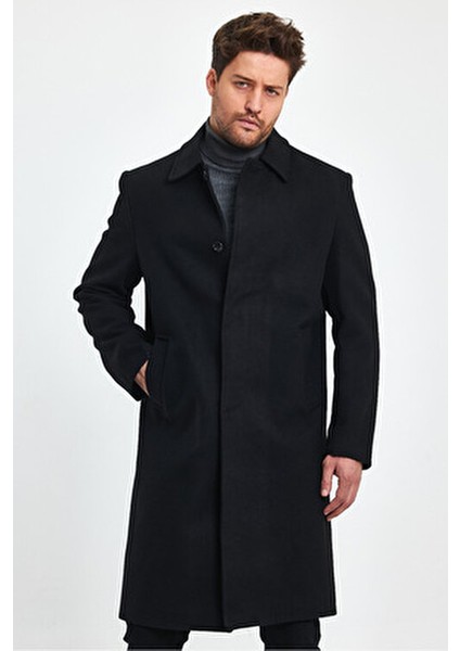 Erkek Siyah Kaşe Kaban Uzun Regular Fit Gömlek Yaka Astarlı Günlük Stil indirimleri