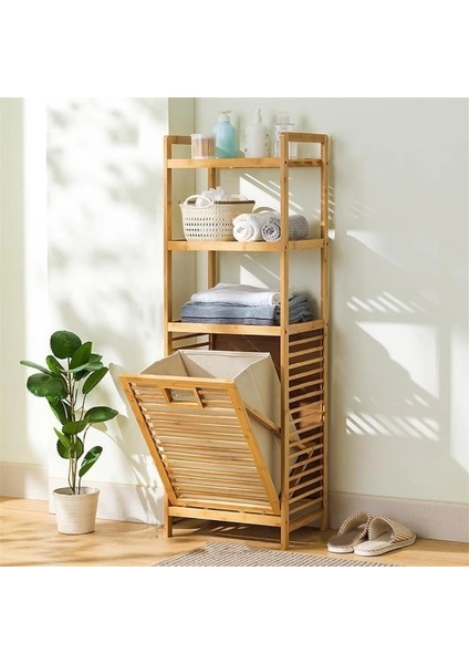3 Organizer Raflı Ahşap Bambu Çek-Aç Kirli Sepeti