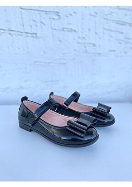 NS Kız Çocuk Ortopedik Babet Ayakkabı, Rugan, Siyah, Papyon Fiyonklu, Kauçuk Taban