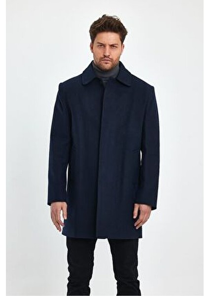 Erkek Lacivert Regular Fit Kaşe Kaban Gömlek Yaka Uzun Kol Günlük Tarz