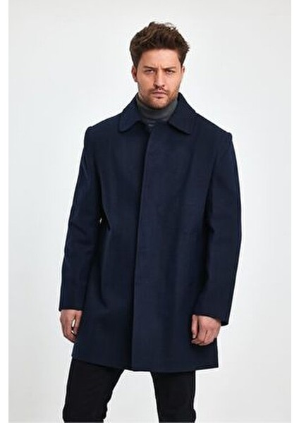 Erkek Lacivert Regular Fit Kaşe Kaban Gömlek Yaka Uzun Kol Günlük Tarz indirimleri