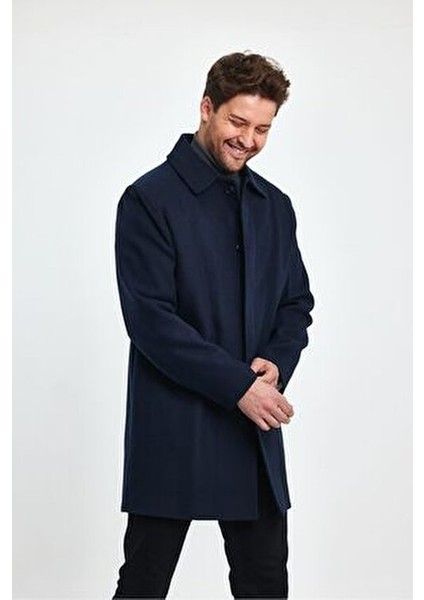 Erkek Lacivert Regular Fit Kaşe Kaban Gömlek Yaka Uzun Kol Günlük Tarz