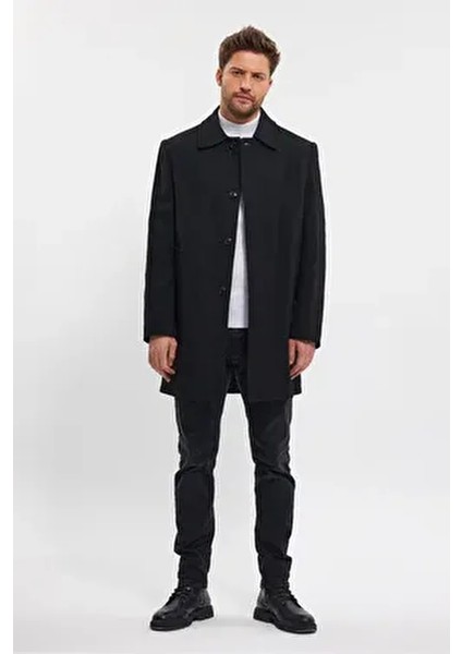 Erkek Regular Fit Kalın Siyah Kaşe Kaban Gömlek Yaka Astarlı Günlük Stil