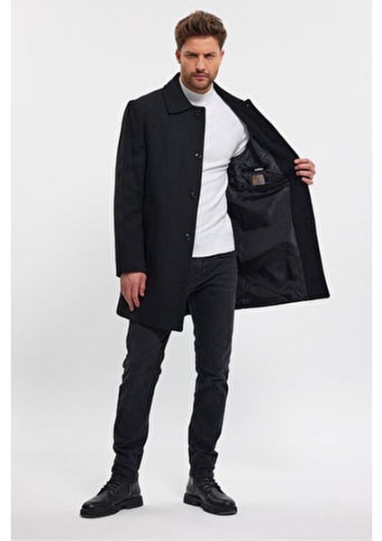 Erkek Regular Fit Kalın Siyah Kaşe Kaban Gömlek Yaka Astarlı Günlük Stil modelleri