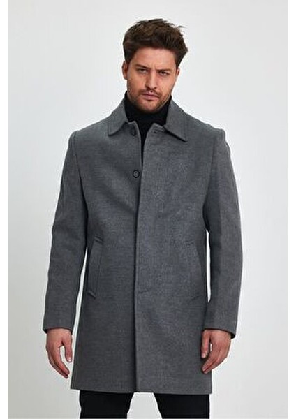 Erkek Gri Kaşe Kaban Regular Fit Uzun Kol Gömlek Yaka Günlük Stil