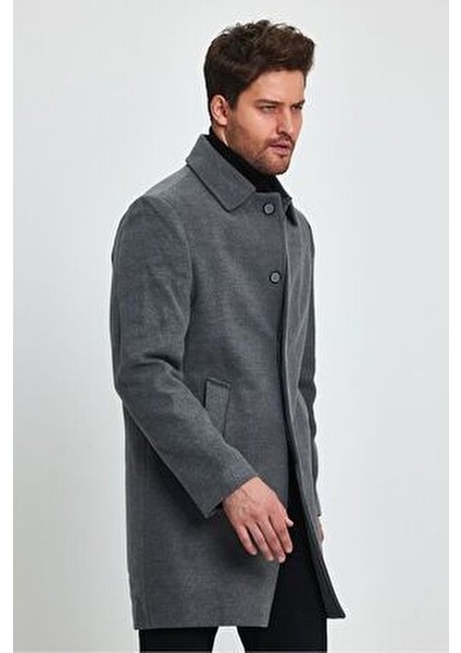 Erkek Gri Kaşe Kaban Regular Fit Uzun Kol Gömlek Yaka Günlük Stil fiyatları