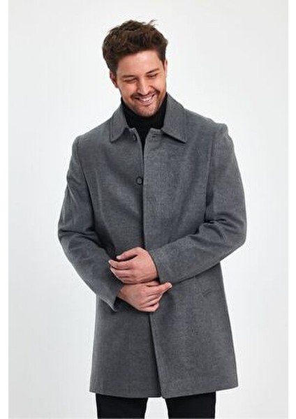 Erkek Gri Kaşe Kaban Regular Fit Uzun Kol Gömlek Yaka Günlük Stil modelleri