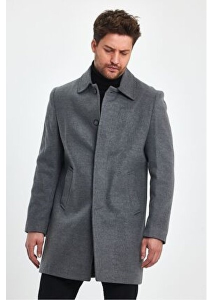 Erkek Gri Kaşe Kaban Regular Fit Uzun Kol Gömlek Yaka Günlük Stil fırsatları