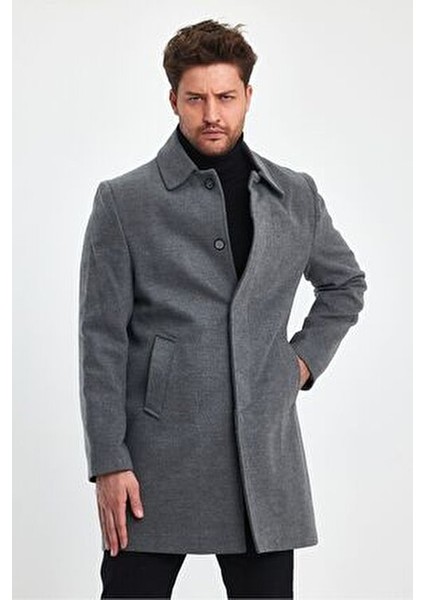 Erkek Gri Kaşe Kaban Regular Fit Uzun Kol Gömlek Yaka Günlük Stil indirimleri