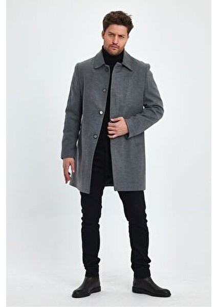 Erkek Gri Kaşe Kaban Regular Fit Uzun Kol Gömlek Yaka Günlük Stil