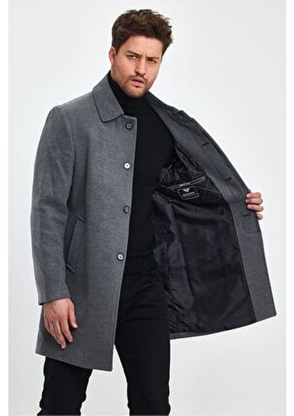 Erkek Gri Kaşe Kaban Regular Fit Uzun Kol Gömlek Yaka Günlük Stil