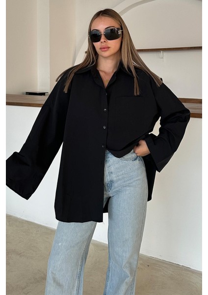 Ispanyol Kol Salaş Pamuklu Gömlek Siyah 9365