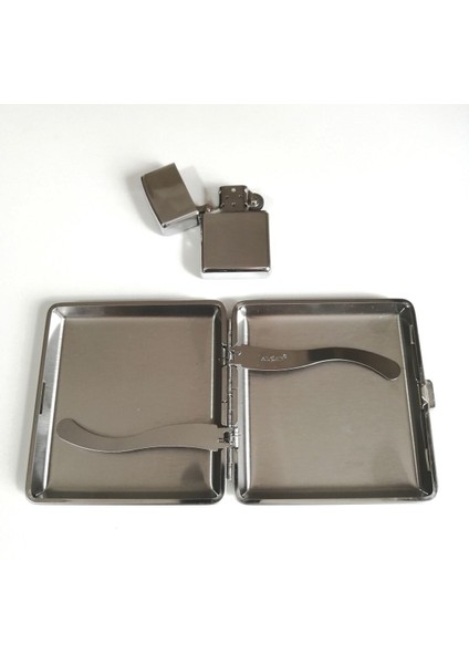 Gümüş Renk Metal Tabaka Metal Sigaralık Hediyelik Sigara Kutusu Benzinli Metal Çakmak Takımı modelleri